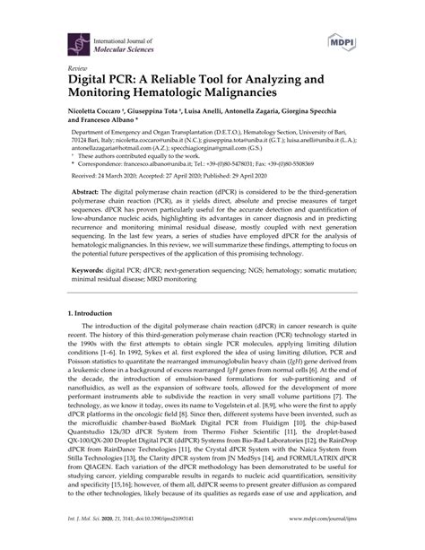 Digital PCR: A Reliable Tool for Analyzing and Monitoring Hematologic.